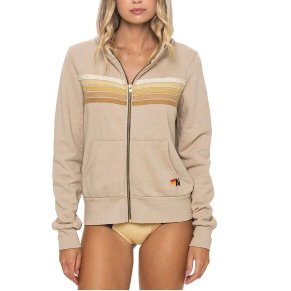 Aviator Nation Tops - Aviator Nation 5 Stripe Hoodie Sweatshirt Small Full Zip Sand Tan